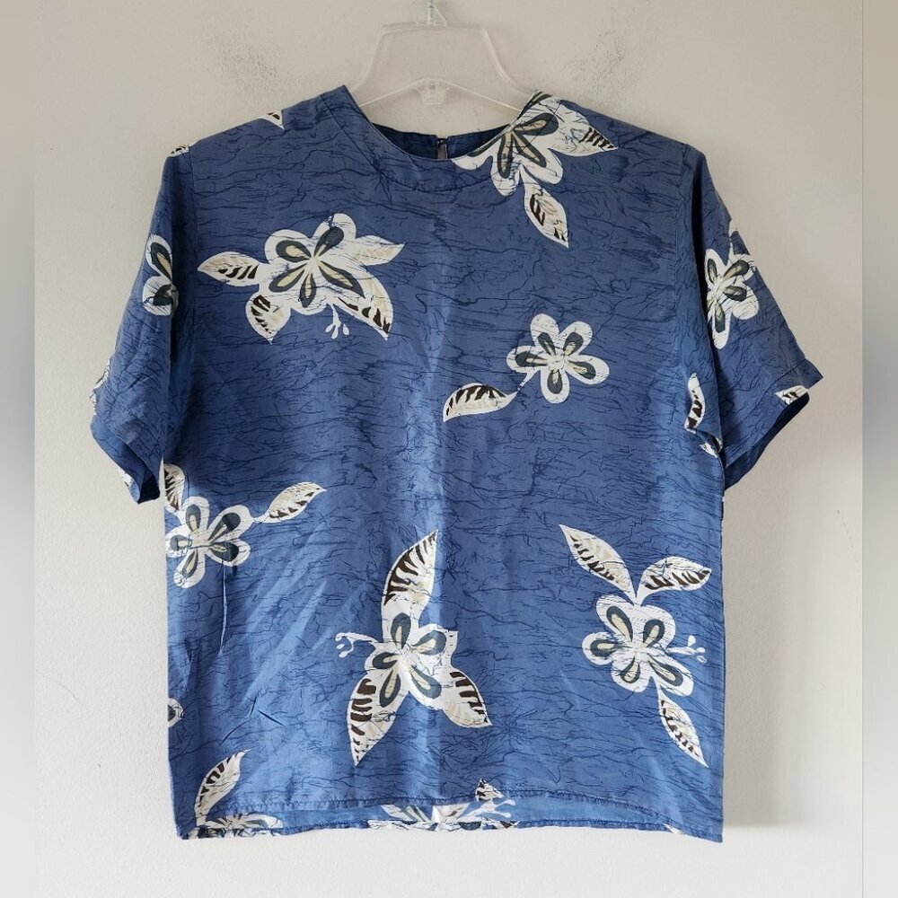 OSCAR DE LA RENTA Expression | Blue Floral 100% Silk Short Sleeve Blouse Size S